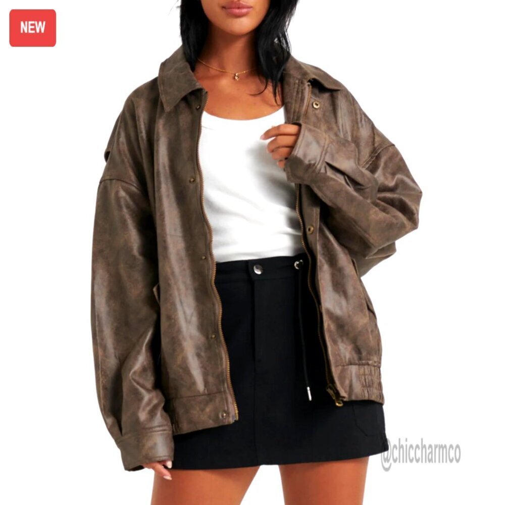 Faux Leather Bomber Jacket Zip Up Fitted Slim Women's Moto Biker Coat